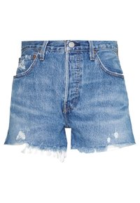 Denimshorts i ljusblått, med fransad fåll, slitna detaljer och klassisk femficksstil med metallknappstängning.