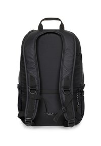 Zaino nero con schienale e spallacci imbottiti, molteplici cerniere e maniglia superiore per il trasporto. Tessuto resistente con motivo discreto.