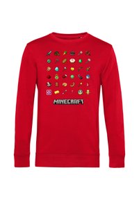 Felpa rossa a maniche lunghe con un grafiche pixelata di Minecraft, che mostra vari oggetti iconici del gioco in diversi colori e forme.