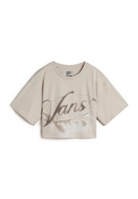 Beige cropped t-shirt made from cotton, featuring a large, dark gray "Vans" logo in a fluid design across the front and short sleeves.