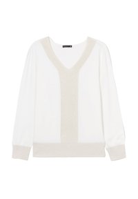 Maglione bianco con scollatura a V profonda, caratterizzato da un motivo a coste beige a contrasto sul collo e sull'orlo. Maniche lunghe con polsini aderenti.