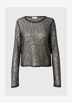 Črni dolg rokav top iz prosojnega materiala z bleščicami, z okroglim izrezom in ohlapnim krojem.