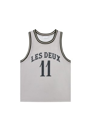 Γκρι διχτυωτό μπλουζάκι μπάσκετ με μαύρες λεπτομέρειες. Φέρει την επιγραφή "LES DEUX" και τον αριθμό "11" εμφανώς σε μαύρη γραμματοσειρά.