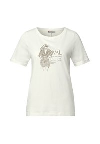 T-shirt en coton blanc à manches courtes, col rond, avec un design graphique imprimé représentant une femme et du texte en or et noir.
