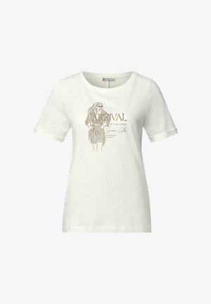 Camiseta blanca de algodón con mangas cortas, cuello redondo y un diseño gráfico impreso que presenta a una mujer y texto en dorado y negro.