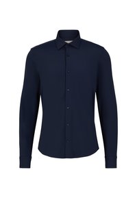 Donkerblauwe lange mouwen shirt van lichtgewicht stof, met een reguliere kraag, knoopsluiting en manchet met knopen. Duidelijke textuur, geen patronen.
