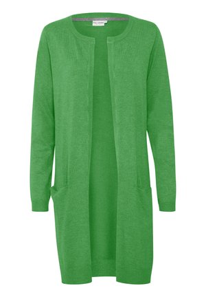 Cardigan verde a maglia con maniche lunghe, apertura frontale e due tasche anteriori. La trama è liscia, adatta per un abbigliamento casual.