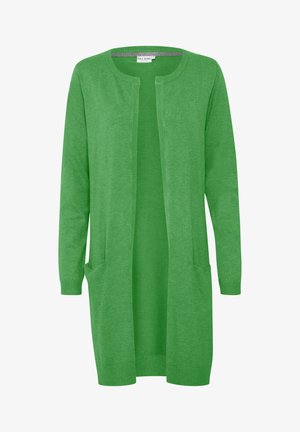 Grüner Strickcardigan mit langen Ärmeln, offener Vorderseite und zwei Fronttaschen. Die Textur ist glatt und eignet sich gut für legere Kleidung.