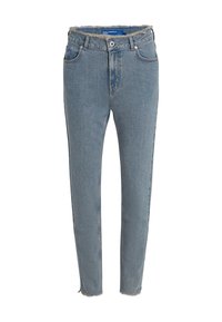 Světlé modré džíny z denimu s roztrhaným lemem, designem s pěti kapsami a vysokým pasem. Tkanina má mírně texturovaný povrch.