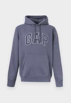 Sweat à capuche bleu-gris avec poche kangourou et "GAP" brodé en grandes lettres en contour sur la poitrine.