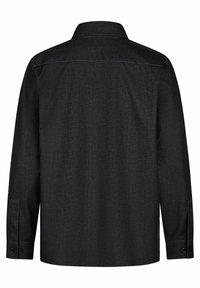 Langärmliges schwarzes Hemd mit Kragen, dezenter Textur und Knopfmanschetten, geradem Saum und ohne sichtbare Muster.
