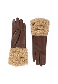 Guantes de cuero marrón con un puño de lana texturizada beige. Las características incluyen cinco dedos, un acabado suave y un acento de botón.