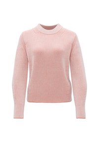 Pull rayé rose clair et crème avec un col rond et des manches longues, présentant une texture côtelée et une silhouette ajustée.