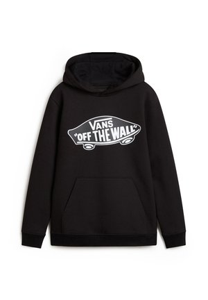 Black hoodie made of cotton with a front pocket. Features a large white "VANS 'OFF THE WALL'" logo printed on the chest.