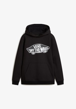 Sort hættebluse lavet af bomuld med en frontlomme. Har et stort hvidt "VANS 'OFF THE WALL'" logo trykt på brystet.