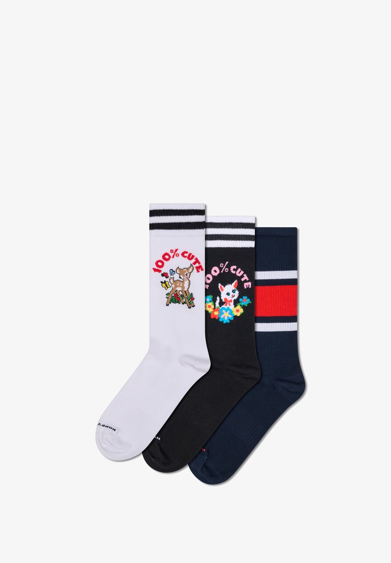 Trzy pary skarpetek do kolan: białe w czarne paski i wzór z jeleniem, czarne z kwiatami i napisem "100% urocze", granatowe z czerwonymi paskami.