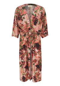 Blommig kimono i rosa, grön och svart; lätt tyg med breda ärmar och knytmidja, med abstrakta blommönster.