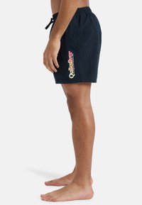 Tmavomodré plavky s elastickým pásom a nastaviteľnou šnúrkou. Obsahuje biely a farebný logom "Quiksilver" na boku.