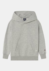 Felpa grigia con cappuccio caratterizzata da una tasca frontale, polsini a costine e una patch con logo sulla manica. Tessuto morbido con una texture liscia.