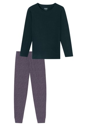 Maglietta a maniche lunghe verde scuro e leggings a fantasia viola. La maglietta presenta un collo rotondo; i leggings hanno un design testurizzato.