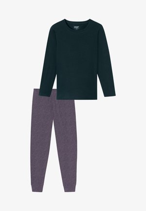 Maglietta a maniche lunghe verde scuro e leggings a fantasia viola. La maglietta presenta un collo rotondo; i leggings hanno un design testurizzato.