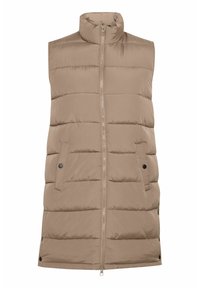 Gilet en duvet beige avec un col montant, fermeture éclair à l'avant, deux poches latérales et un rembourrage horizontal. Texture lisse, longueur mi-cuisse.
