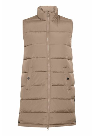 Tan puffer vestti, jossa on korkea kaulus, vetoketju edessä, kaksi sivutaskua ja vaakaompelutyötä. sileä pinta, keskivartalon pituus.