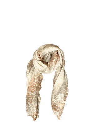 Sciarpa beige chiaro e marrone con motivo a paisley, piegata in modo morbido con una texture di tessuto fluente e delicata.