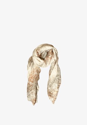 Sciarpa beige chiaro e marrone con motivo a paisley, piegata in modo morbido con una texture di tessuto fluente e delicata.