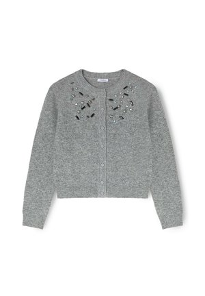 Cardigan grigio in materiale morbido, con scollo rotondo, chiusura con bottoni e decorazioni colorate sulla parte anteriore.