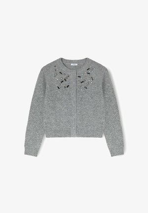 Cardigan grigio in materiale morbido, con scollo rotondo, chiusura con bottoni e decorazioni colorate sulla parte anteriore.