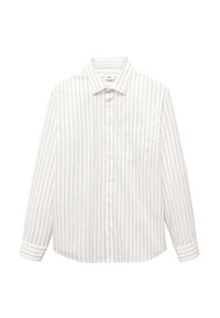 Chemise blanche à manches longues avec boutons, rayures verticales fines grises et une poche poitrine, présentée à plat sur un fond blanc.