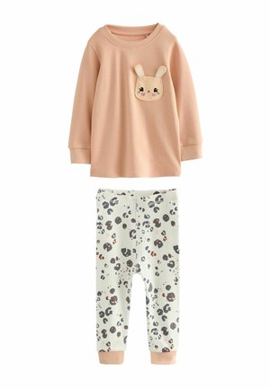 Twee-delig pyjama set: perzikkleurige langdunne top met konijnzakdetail; lichtgroene broek met meerkleurige luipaardprint, elastische tailleband.