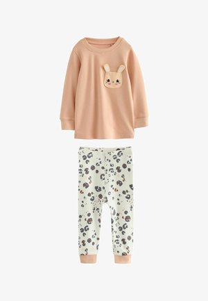 To-delt sæt til pyjamas: ferskenfarvet langærmet top med kaninlomme; lysegrønne bukser med multifarvet leopardprint, elastisk talje.