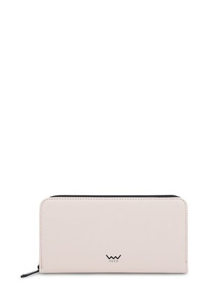 Pale pink wallet with a zip closure, smooth synthetic material, rectangular shape, and a subtle logo embossed on the front.