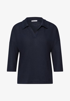 Dunkelblaues Strickoberteil mit dreiviertel Ärmeln, offenem Kragen und gerippter Struktur, mit dem Aufdruck Street One.