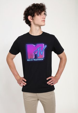 Black cotton t-shirt featuring a large, retro MTV logo in pink and blue with "MUSIC TELEVISION" text below. Short sleeves, classic fit.
