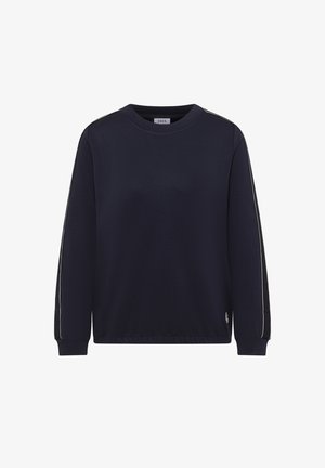 Tmavě modrá mikina s dlouhým rukávem, kulatým výstřihem a kontrastními pruhy na bocích. Měkká látka s volným střihem. Na lemu je logo.