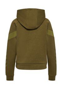Hooded sweatshirt in olive green, cotton blend material, featuring textured surface, contrasting side stripes, and ribbed cuffs and hem.