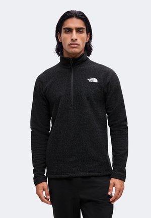 Mann mit dunklen Haaren, der einen schwarzen Fleecepullover mit Viertel-Reißverschluss und dem The North Face-Logo auf der Brust trägt, steht vor einem schlichten Hintergrund.