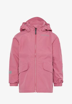 Imperméable à capuche rose avec fermeture éclair frontale, deux poches à rabat devant, poignets élastiques et patchs réfléchissants sur les manches.