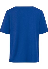 Blauw kortemouwen top met een relaxte pasvorm en een ronde halslijn. Gladde textuur; geen patronen of accenten. Achteraanzicht weergegeven.