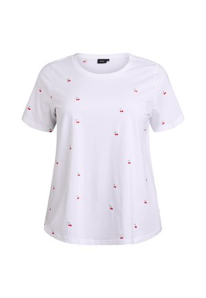 Camiseta blanca de algodón con mangas cortas, con bordado disperso de cerezas rojas y hojas verdes, cuello redondo, ajuste holgado.