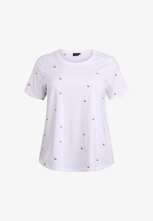 Camiseta blanca de algodón con mangas cortas, con bordado disperso de cerezas rojas y hojas verdes, cuello redondo, ajuste holgado.