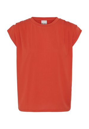 Punainen lyhythihainen paita, jossa laskostetut yksityiskohdat hartioiden läheisyydessä ja pyöreä kaula-aukko, esillä yksinkertaisella valkoisella taustalla.