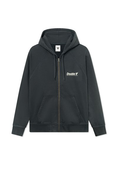 Schwarzer Kapuzenpullover mit durchgehendem Reißverschluss, Kordelzugkapuze, Fronttaschen und weißem "Double A"-Logo auf der linken Brust.