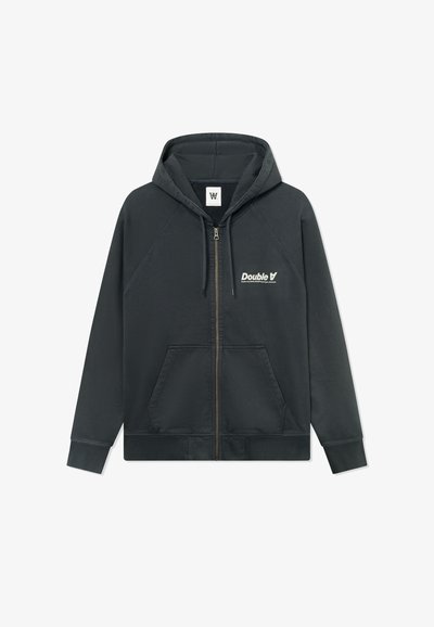 Schwarzer Kapuzenpullover mit durchgehendem Reißverschluss, Kordelzugkapuze, Fronttaschen und weißem "Double A"-Logo auf der linken Brust.