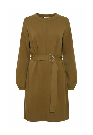 Neulemekko oliivinvihreänä, jossa on pyöreä pääntie, pitkät hihat, kuminauhavyötärö ja kangasnauha, jossa on pyöreä metallisolki.