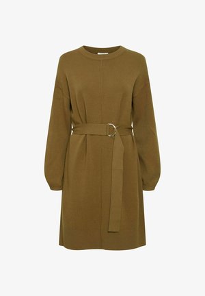 Neulemekko oliivinvihreänä, jossa on pyöreä pääntie, pitkät hihat, kuminauhavyötärö ja kangasnauha, jossa on pyöreä metallisolki.