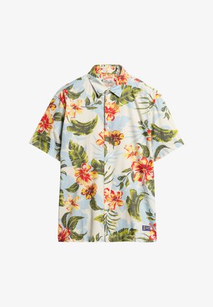 Koszula z krótkim rękawem w kwiaty z jasnoniebieskim tłem, na którym znajdują się jaskrawe czerwone i żółte kwiaty oraz zielone liście. Kołnierzyk zapinany na guziki, wykonana z bawełny.